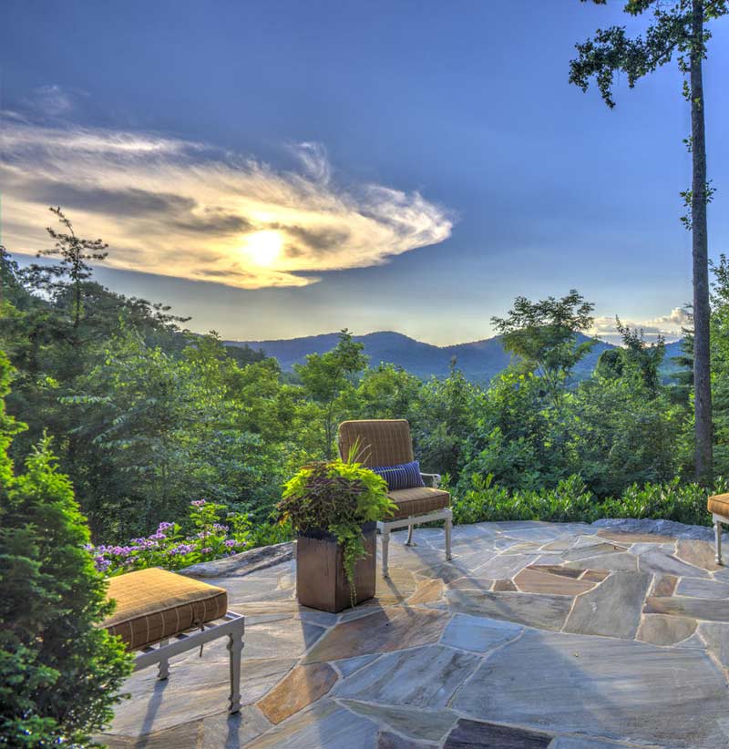 patio overlooking mountains at golden hour
