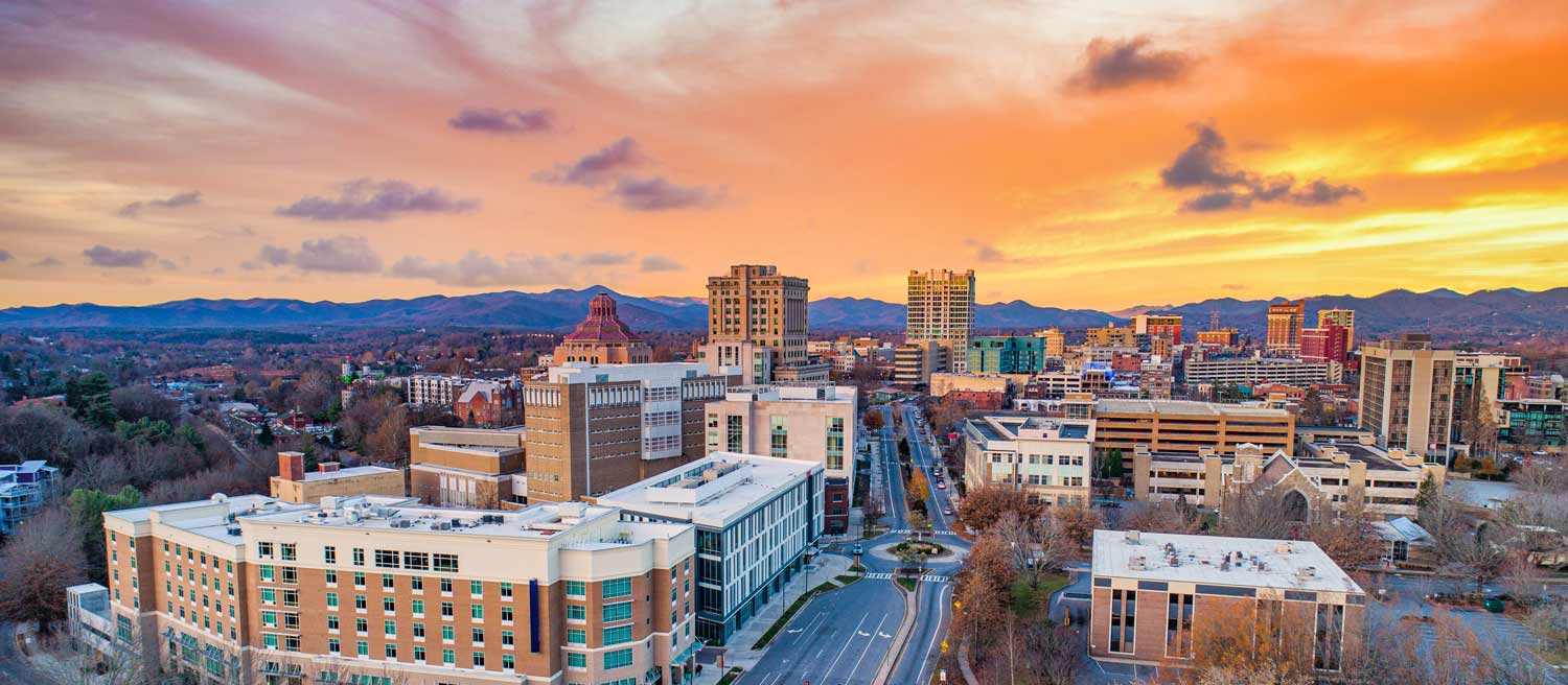 downtown Asheville at sunset