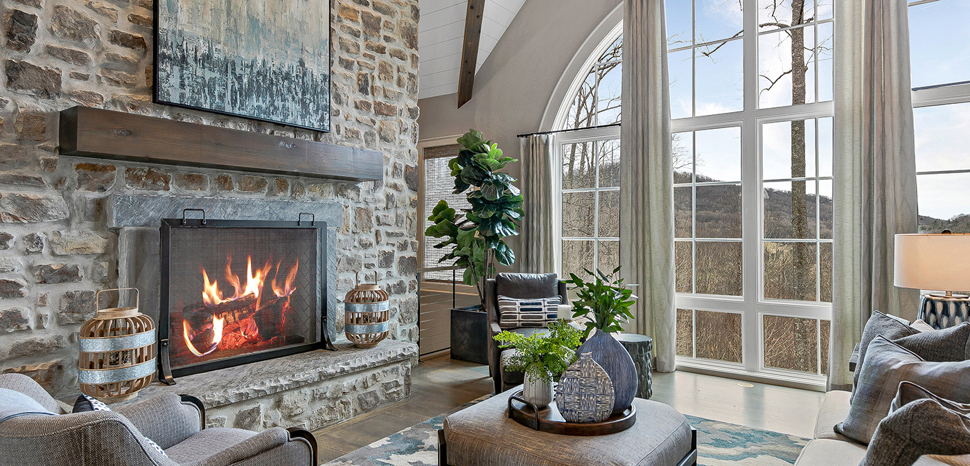 luxurious living room with fireplace